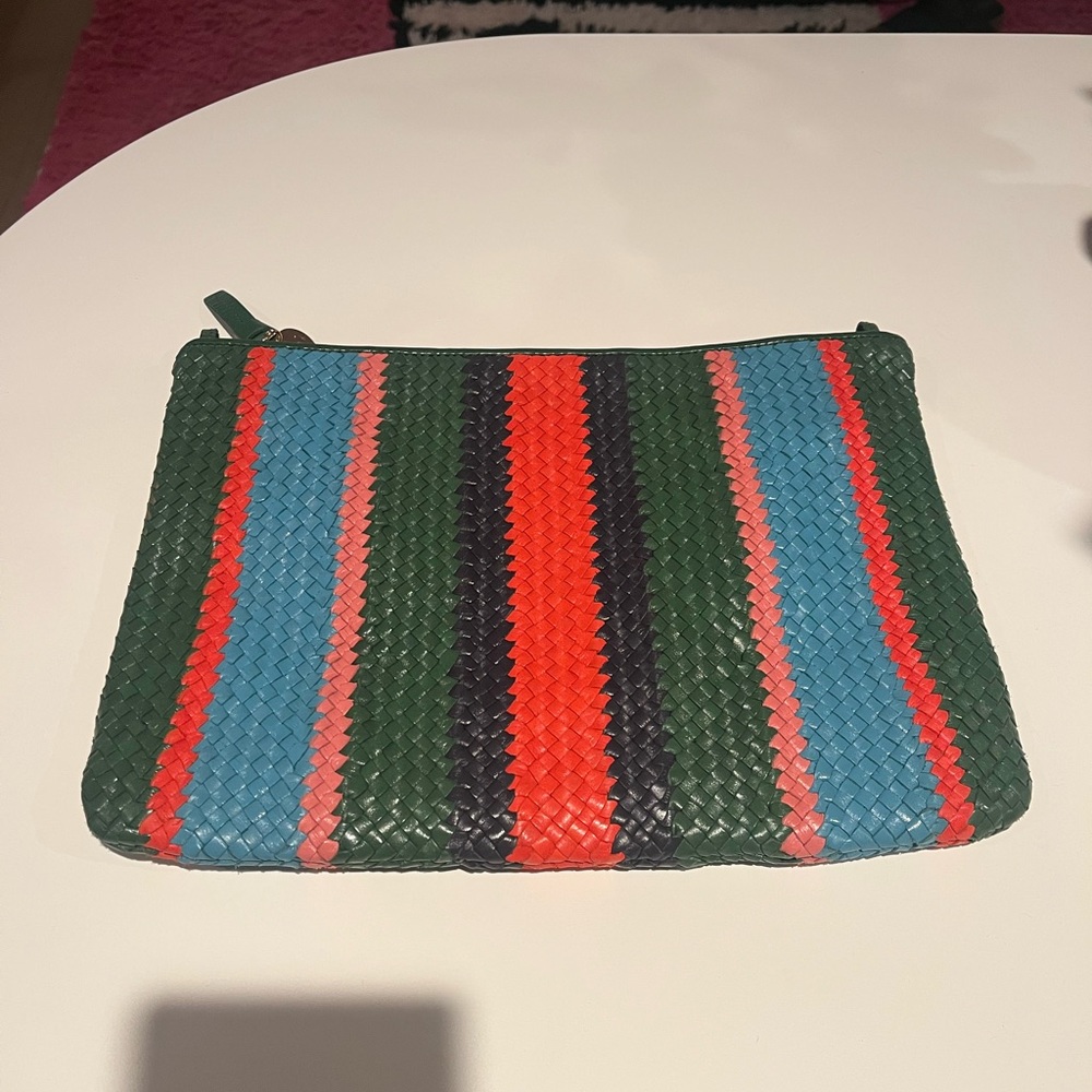 Clare V. Colorful handwoven striped leather clutch